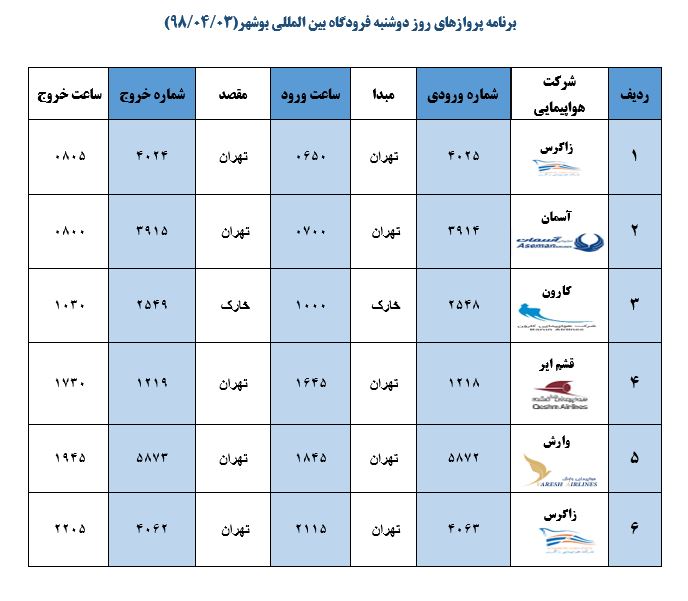 جدول پروازهای فرودگاه بوشهر