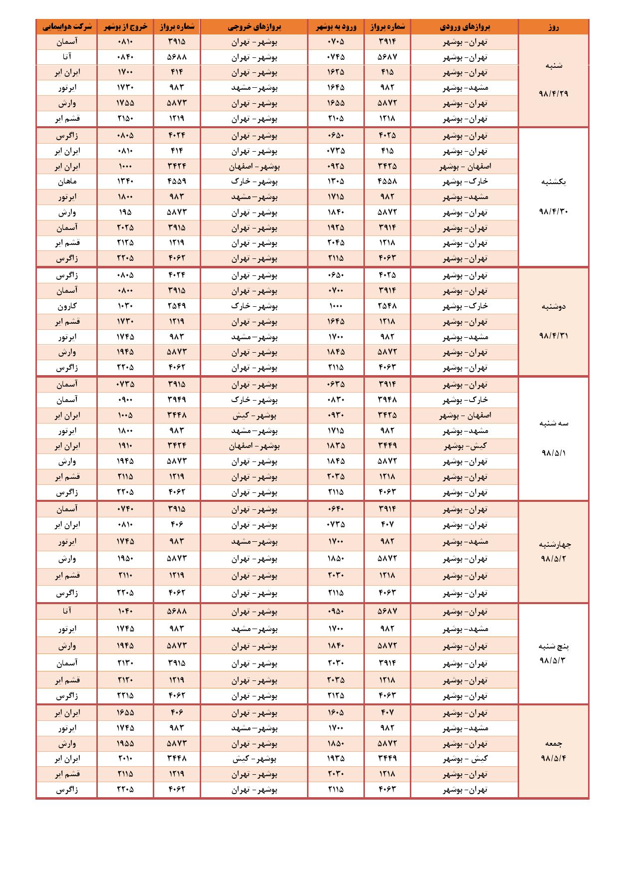 برنامه پروازی فرودگاه بوشهر
