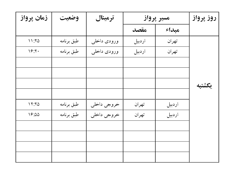 پرواز&zwnj;های فرودگاه اردبیل یکشنبه ۳۰ تیر ماه