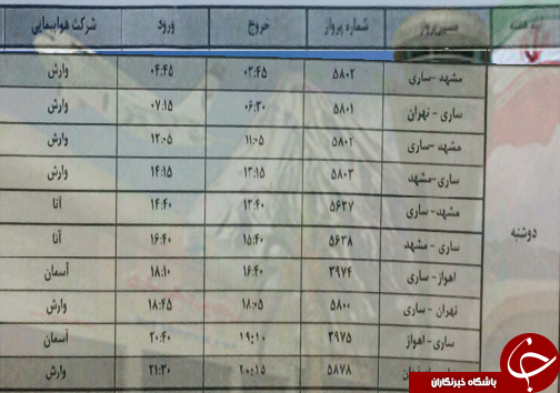 پرواز&zwnj;های دوشنبه ۳۱ تیرماه فرودگاه&zwnj;های مازندران