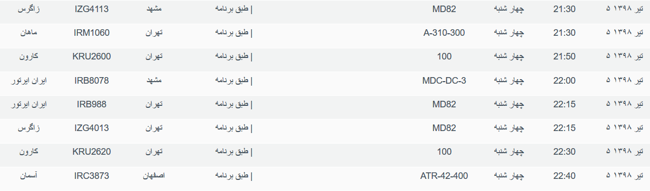 نگاهی به پرواز&zwnj;های چهارشنبه ۵ تیرماه ۹۸ فرودگاه&zwnj;های بین المللی اهواز
