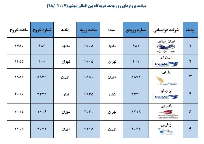 جدول پروازهای فرودگاه بوشهر