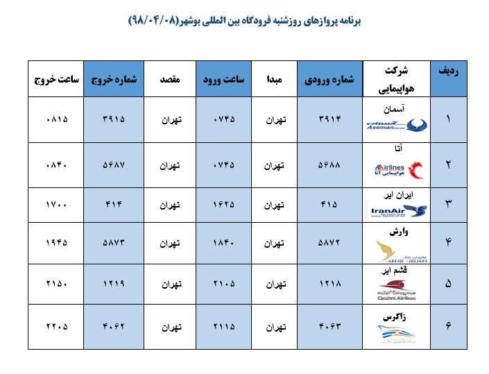 جدول پروازهای فرودگاه بوشهر
