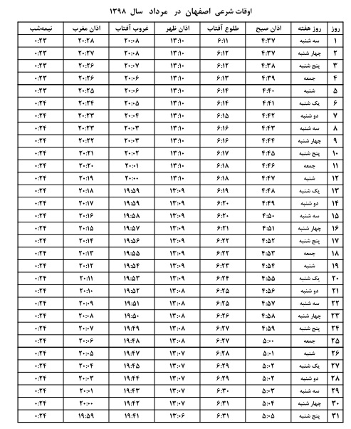 اوقات شرعی اصفهان مرداد سال ۹۸