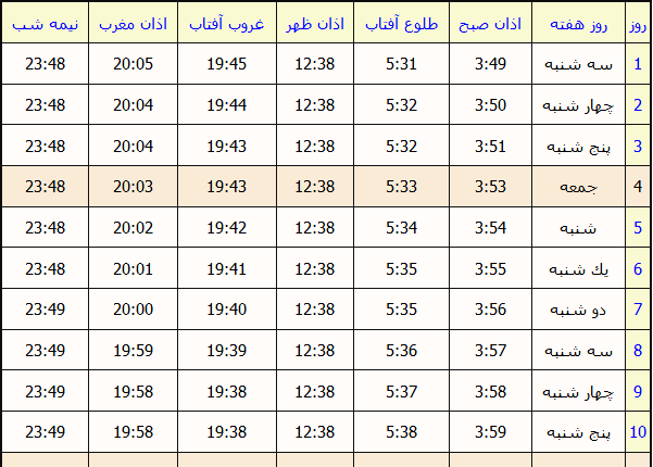 اوقات شرعی مشهد مرداد ماه سال ۹۸