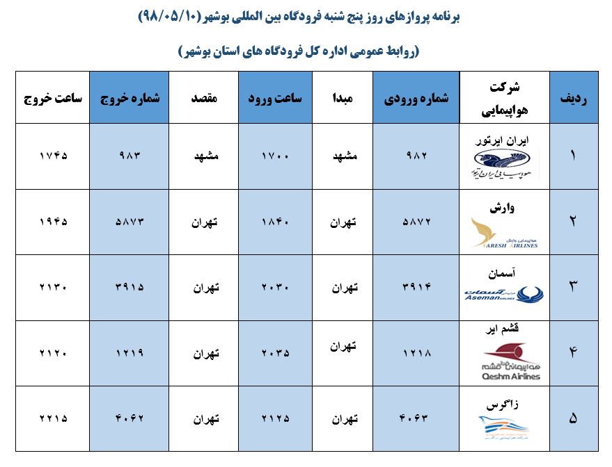 جدول پروازهای فرودگاه بوشهر