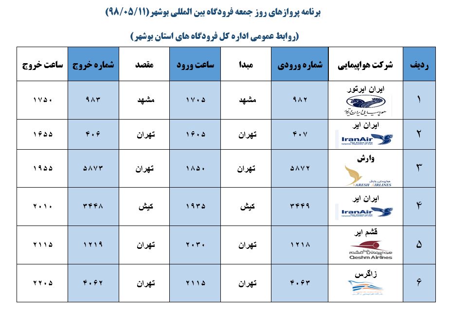برنامه پروازهای فرودگاه بوشهر