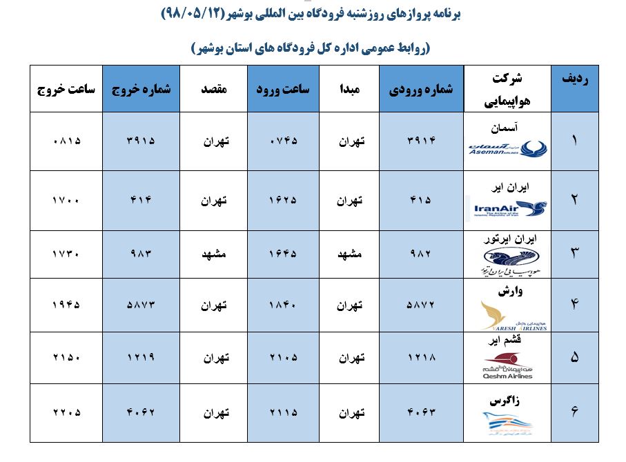 جدول پروازهای فرودگاه بوشهر