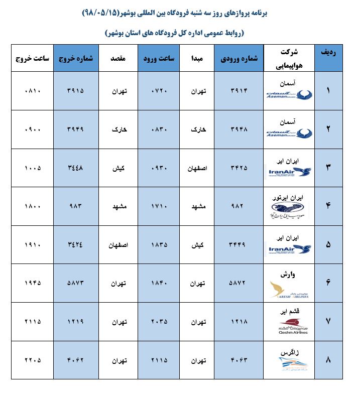 جدول پروازهای فرودگاه بوشهر