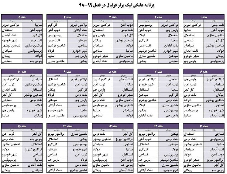 برنامه دیدار&zwnj;های نوزدهمین دوره لیگ برتر فوتبال ایران