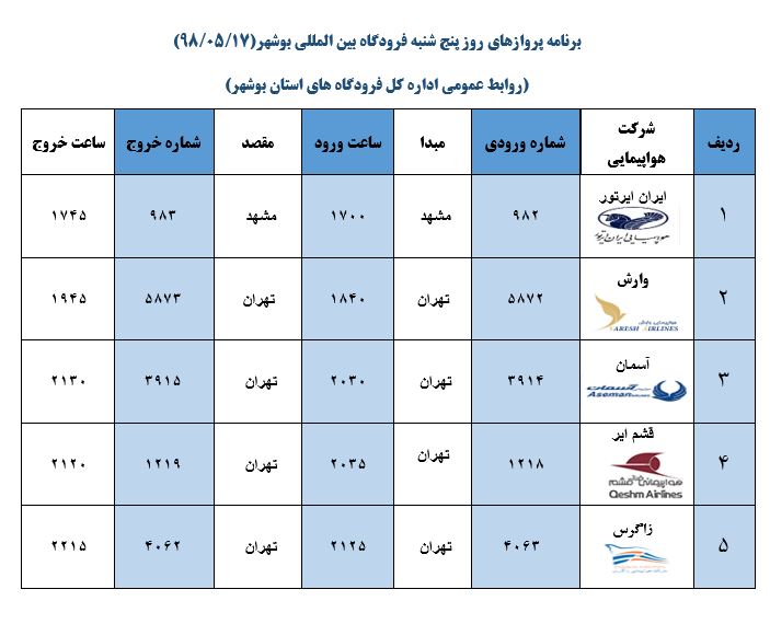 جدول پروازهای فرودگاه بوشهر