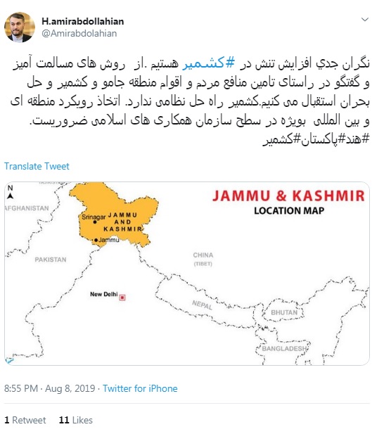 امیرعبداللهیان: نگران جدی افزایش تنش در کشمیر هستیم/ راه حل نظامی نیست