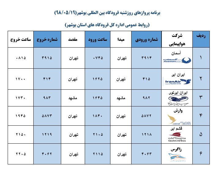 جدول پروازهای فرودگاه بوشهر