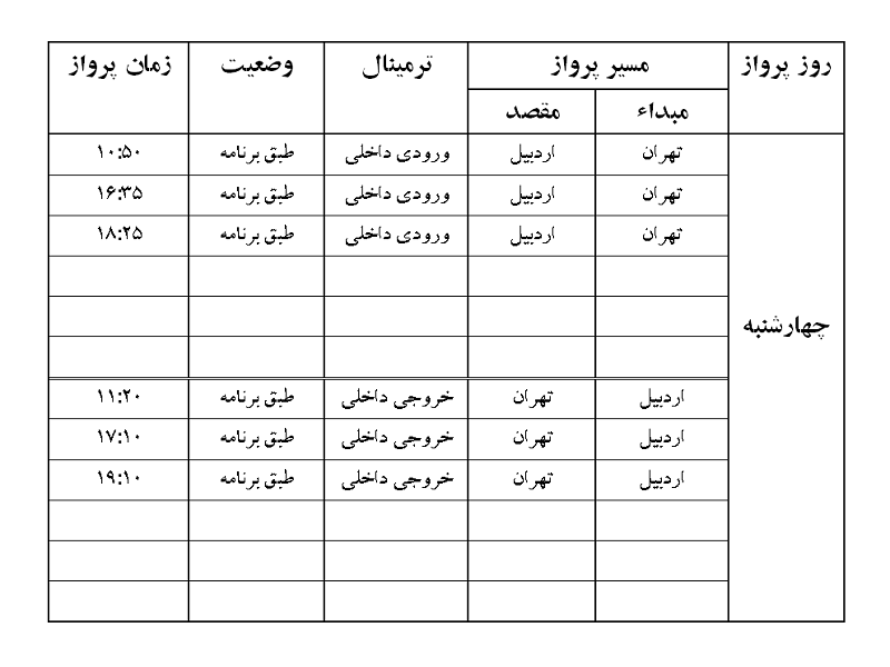 پرواز&zwnj;های فرودگاه اردبیل چهارشنبه ۲ مرداد ماه