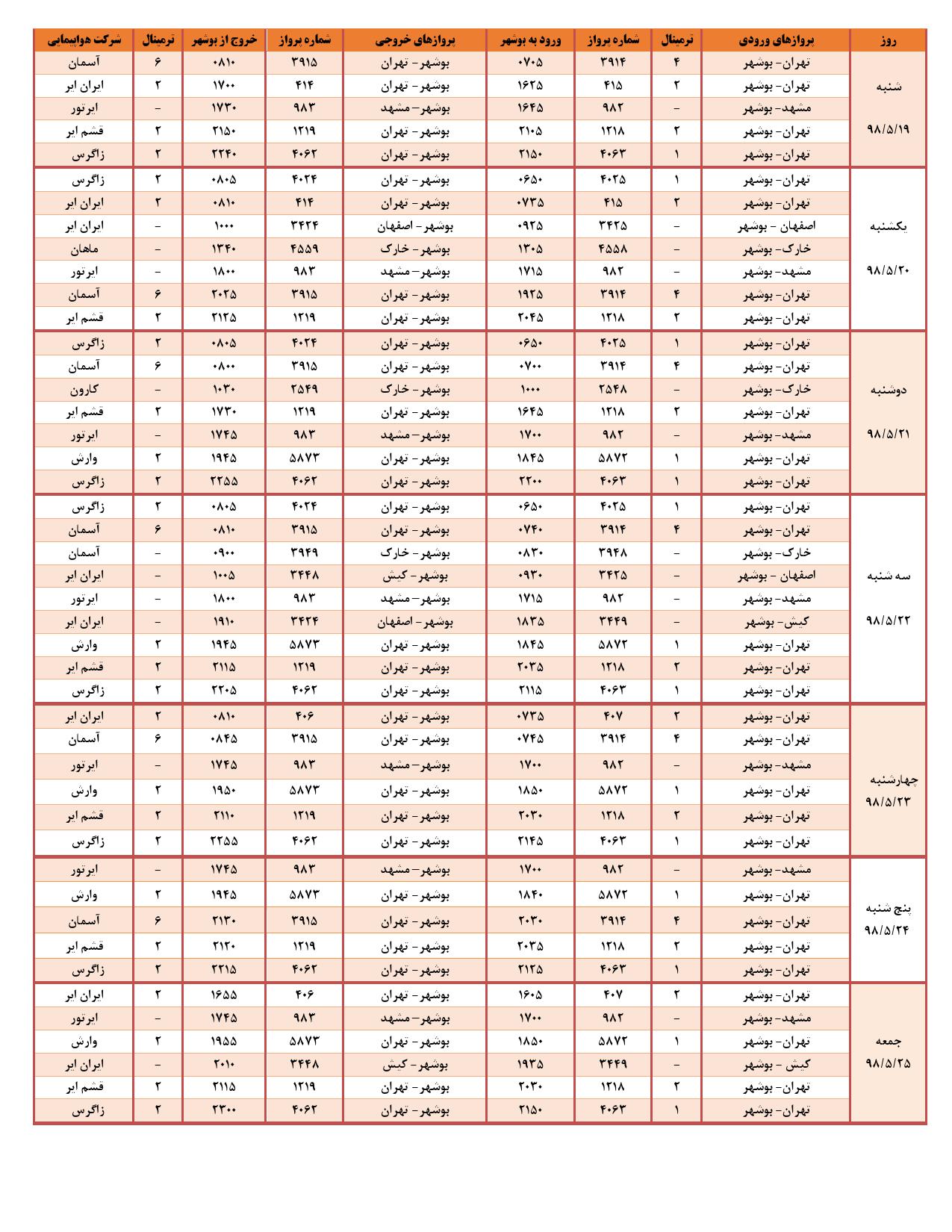 برنامه پروازی فرودگاه بوشهر