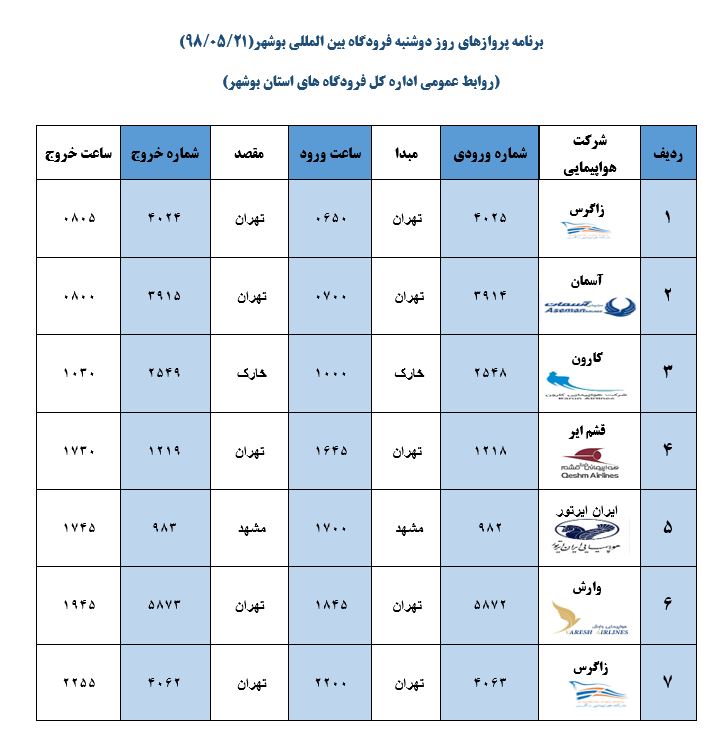 جدول پروازهای فرودگاه بوشهر