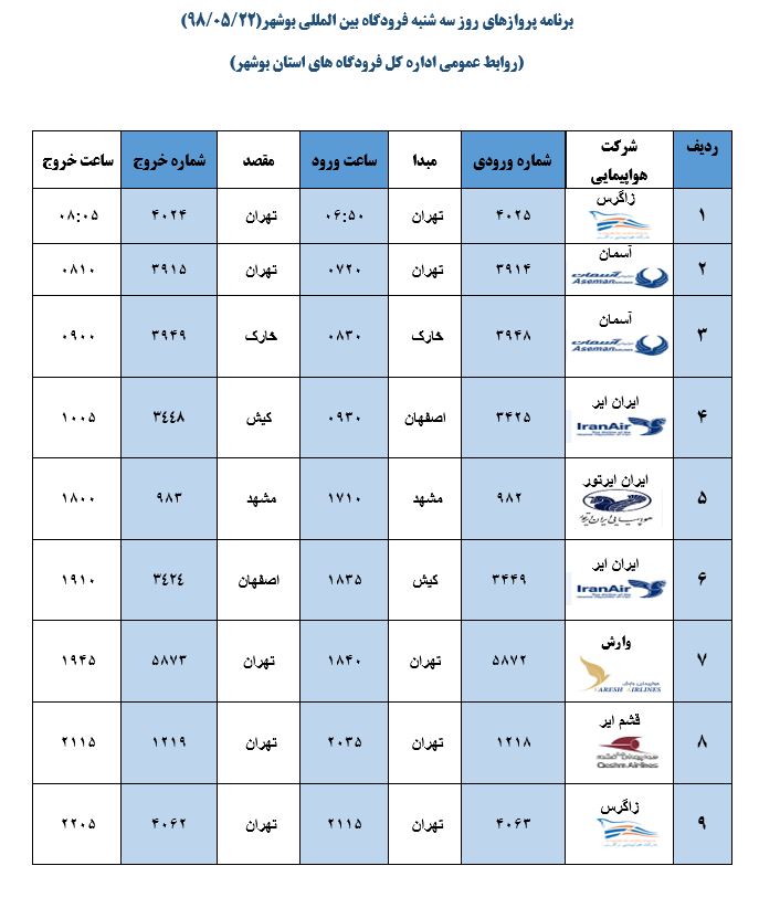 جدول پروازهای فرودگاه بوشهر