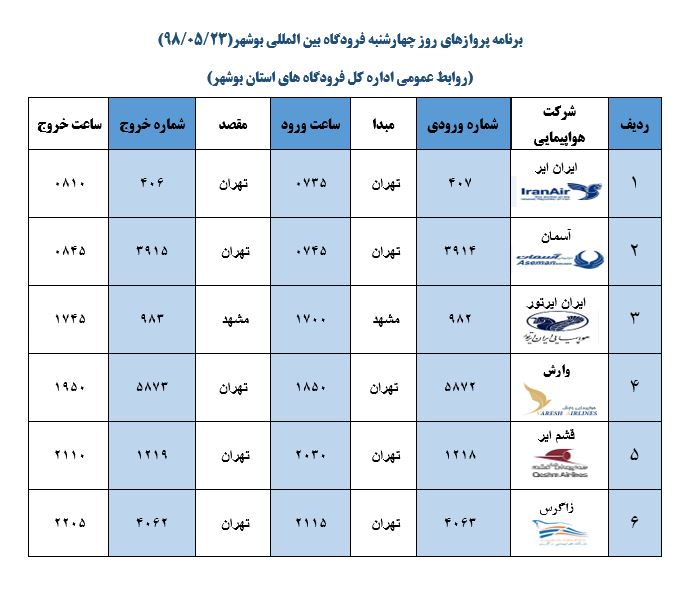 جدول پروازهای فرودگاه بوشهر