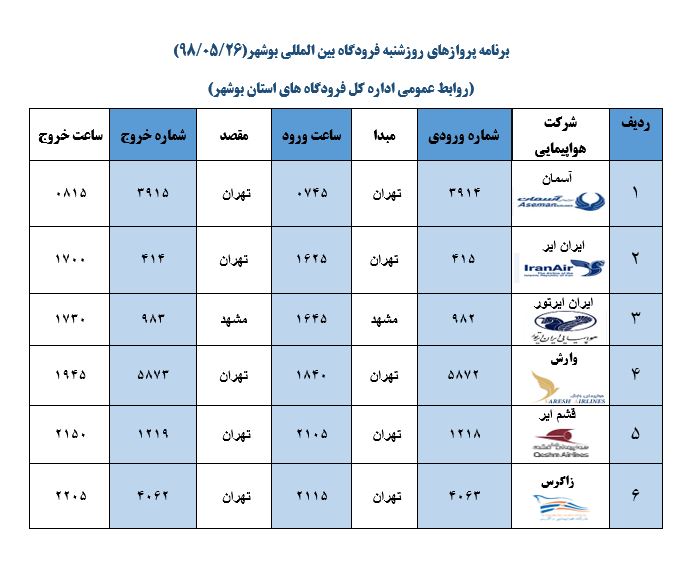 جدول پروازهای فرودگاه بوشهر