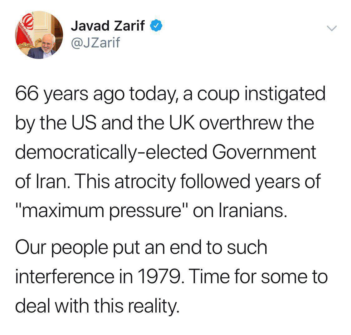 واکنش توئیتری ظریف به ۶۶امین سالروز کودتای ۲۸ مرداد