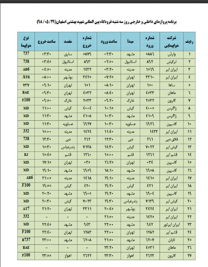 اعلام فهرست پروازهای فرودگاه بین المللی شهید بهشتی اصفهان