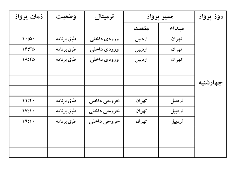 پرواز&zwnj;های فرودگاه اردبیل چهارشنبه ۳۰ مرداد ماه