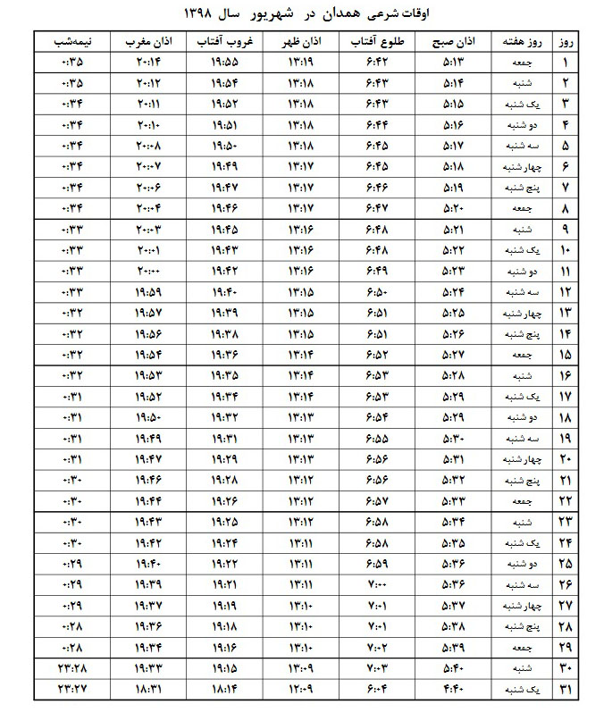 اوقات شرعی شهریور ۱۳۹۸ استان همدان