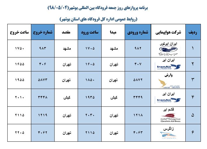 برنامه پروازی فرودگاه بوشهر