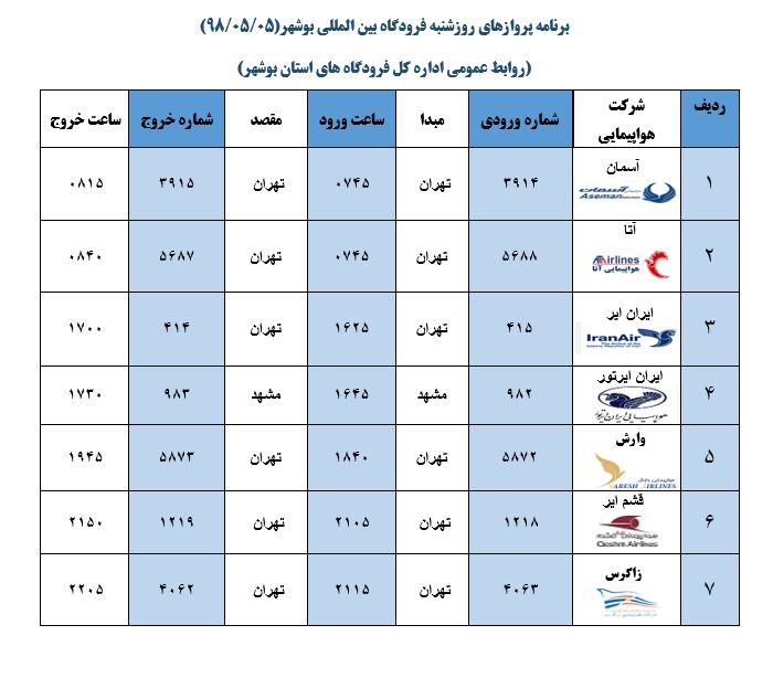 برنامه پروازی فرودگاه بوشهر