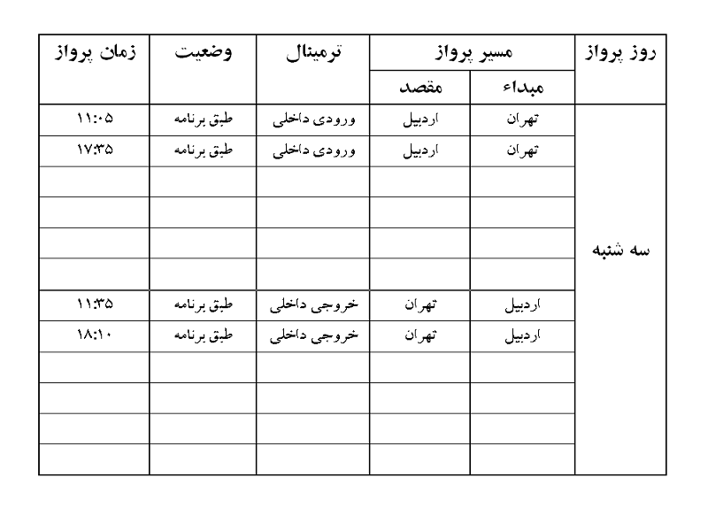 پرواز&zwnj;های فرودگاه اردبیل سه شنبه ۸ مرداد ماه