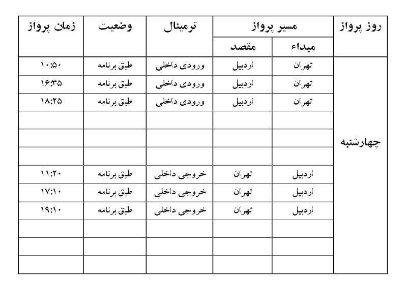 پرواز&zwnj;های فرودگاه اردبیل چهارشنبه ۹ مرداد ماه