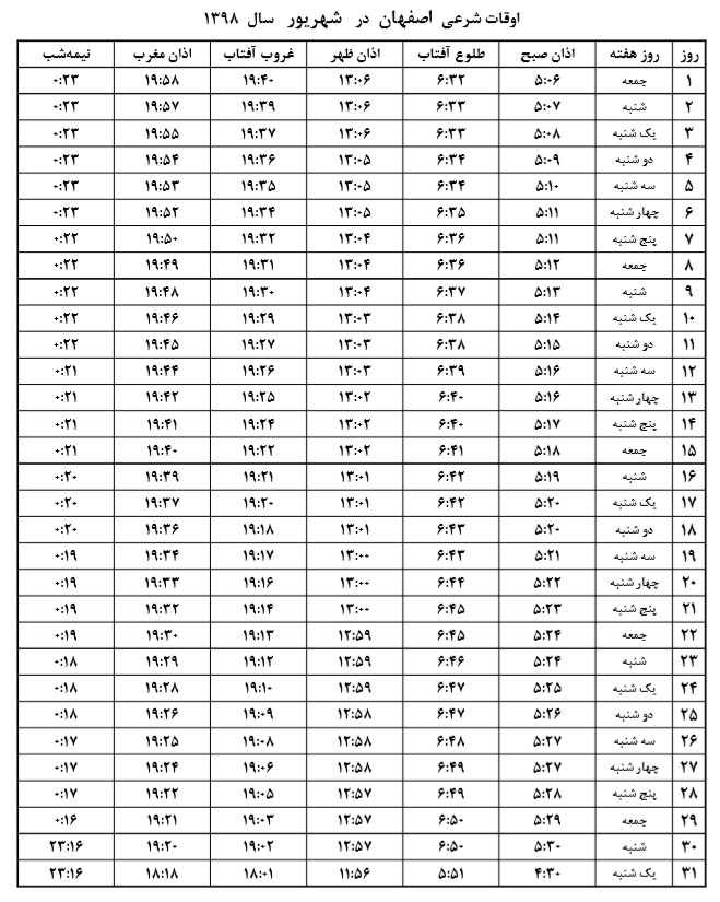 اوقات شرعی اصفهان شهریور سال ۹۸