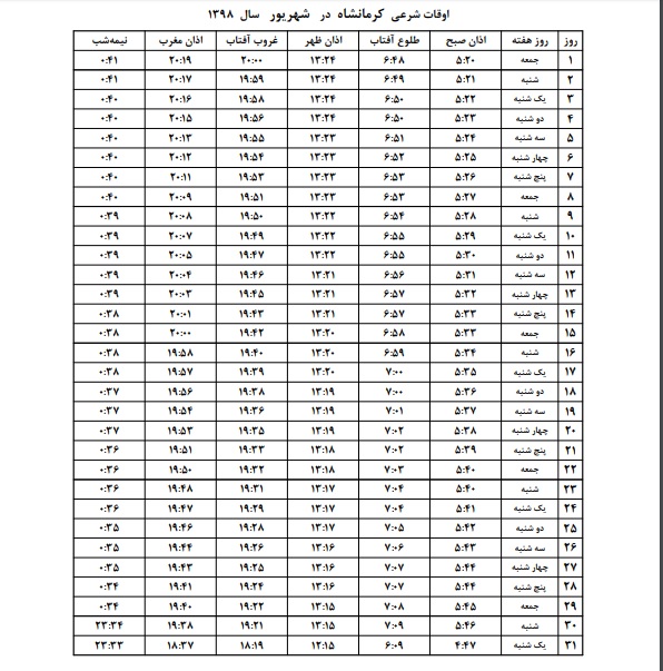 اوقات شرعی شهریور ۹۸ به افق کرمانشاه