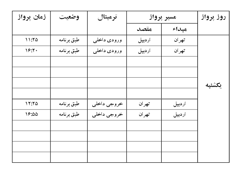 پرواز&zwnj;های فرودگاه اردبیل یکشنبه ۱۰ شهریور ماه