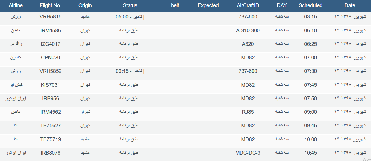 برنامه پرواز&zwnj;های سه شنبه ۱۲ شهریورماه ۹۸ فرودگاه بین المللی اهواز