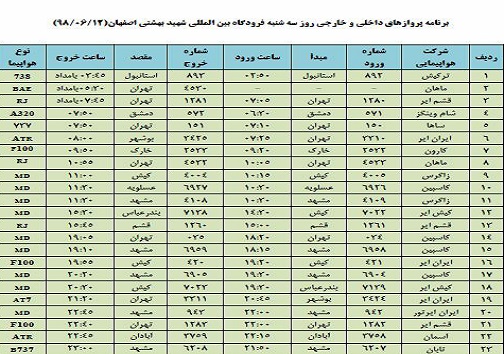 اعلام پروازهای فرودگاه بین المللی شهید بهشتی اصفهان