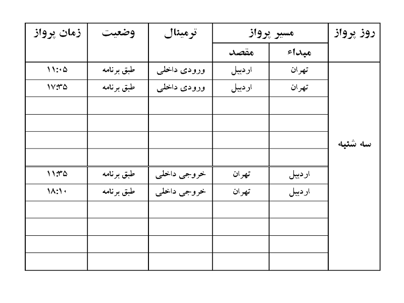 پرواز&zwnj;های فرودگاه اردبیل سه شنبه ۱۲ شهریور ماه
