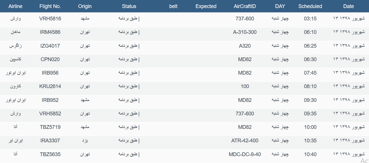 برنامه پرواز&zwnj;های چهارشنبه ۱۳ شهریورماه ۹۸ فرودگاه بین المللی اهواز