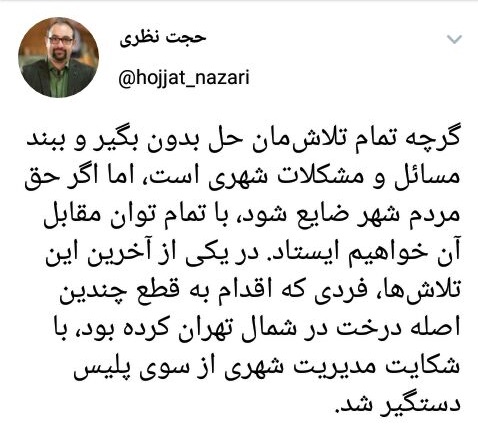 عامل قطع درختان در شمال پایتخت دستگیر شد