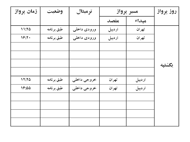 پرواز&zwnj;های فرودگاه اردبیل یکشنبه ۱۷ شهریور ماه