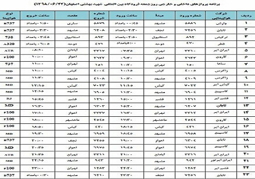 فهرست پروازهای فرودگاه بین المللی شهید بهشتی اصفهان