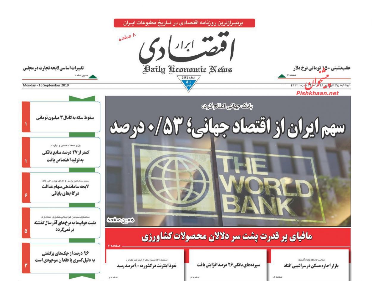 صفحه نخست روزنامه&zwnj;های اقتصادی ۲۵ شهریورماه