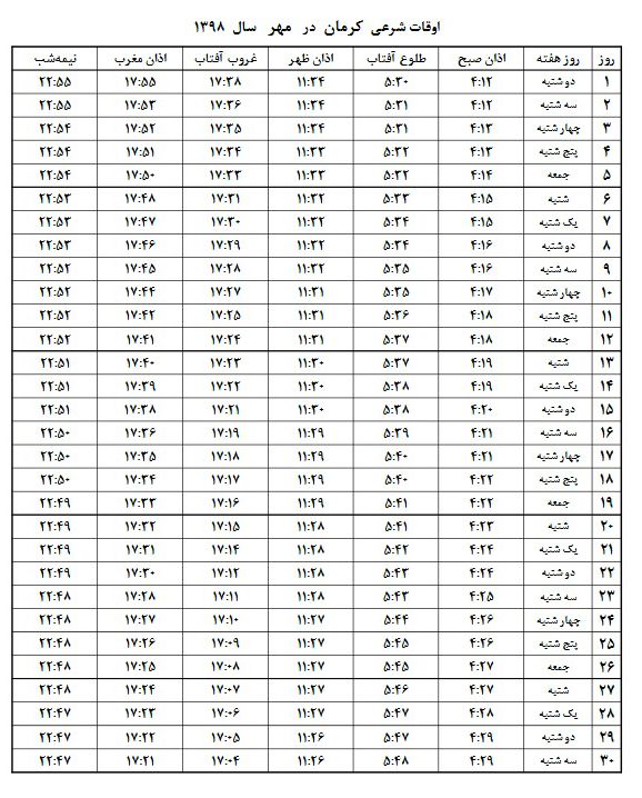 اوقات شرعی مهر ۱۳۹۸ استان کرمان