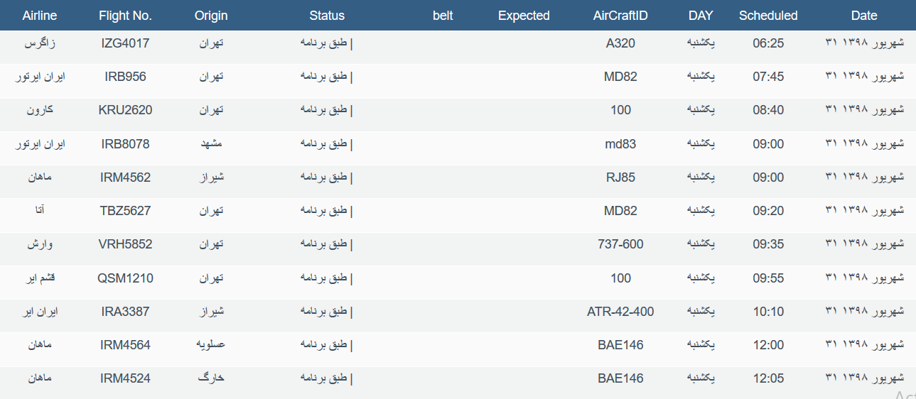 برنامه پرواز&zwnj;های یکشنبه ۳۱ شهریورماه ۹۸ فرودگاه بین المللی اهواز