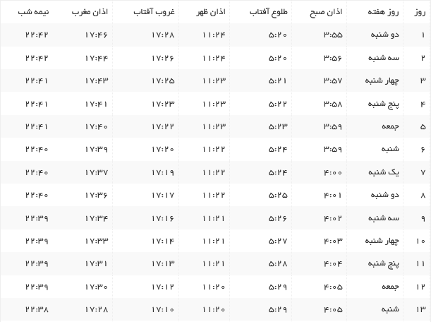 اوقات شرعی مشهد مهر ماه سال ۹۸