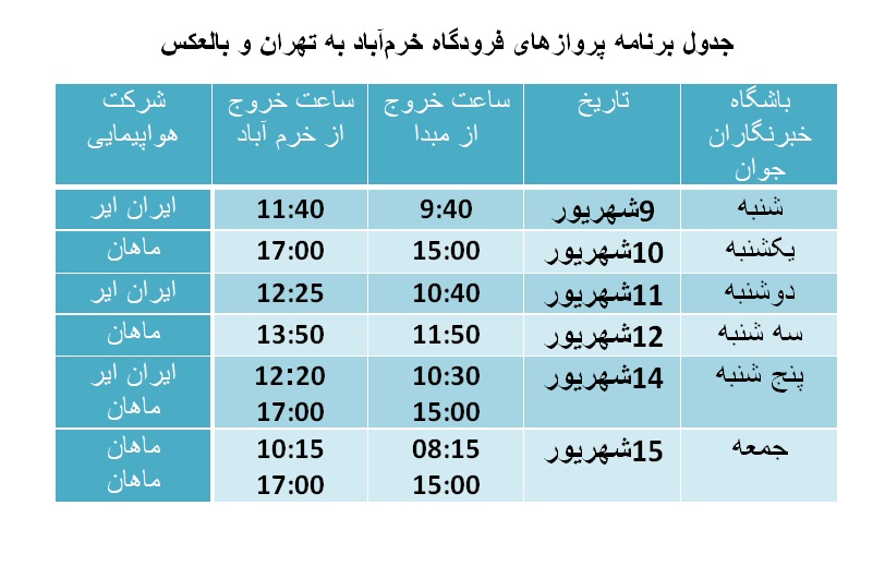 برنامه پرواز‌های فرودگاه خرم‌آباد از ۹ تا ۱۵ شهریورماه