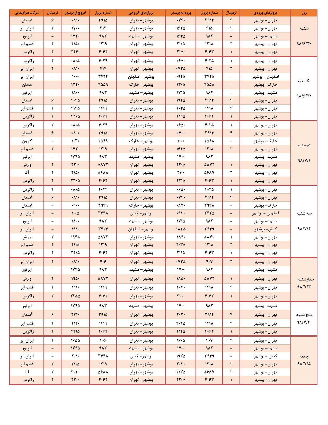 پرواز&zwnj;های فرودگاه بوشهر در اول مهر ۹۸