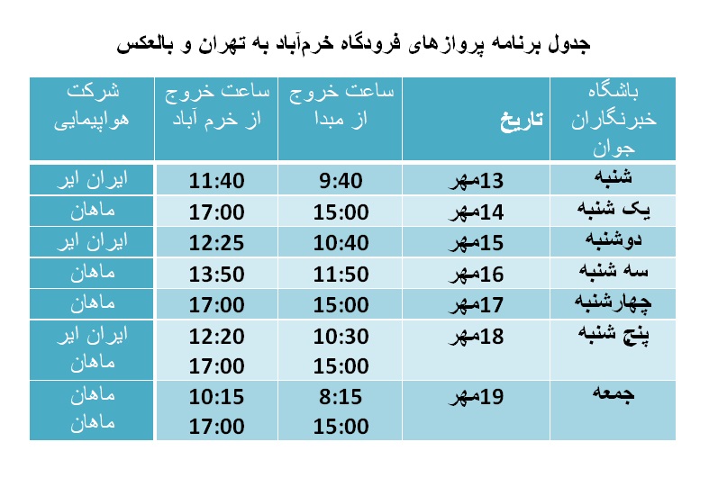 برنامه پرواز‌های فرودگاه خرم‌آباد از ۱۳ تا ۱۹ مهر