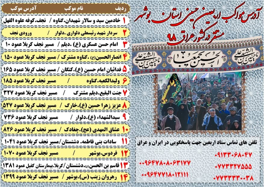 موکب&zwnj;های استان بوشهر کجا مستقر هستند؟