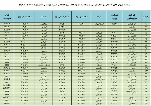 اعلام فهرست پروازهای فرودگاه شهید بهشتی اصفهان